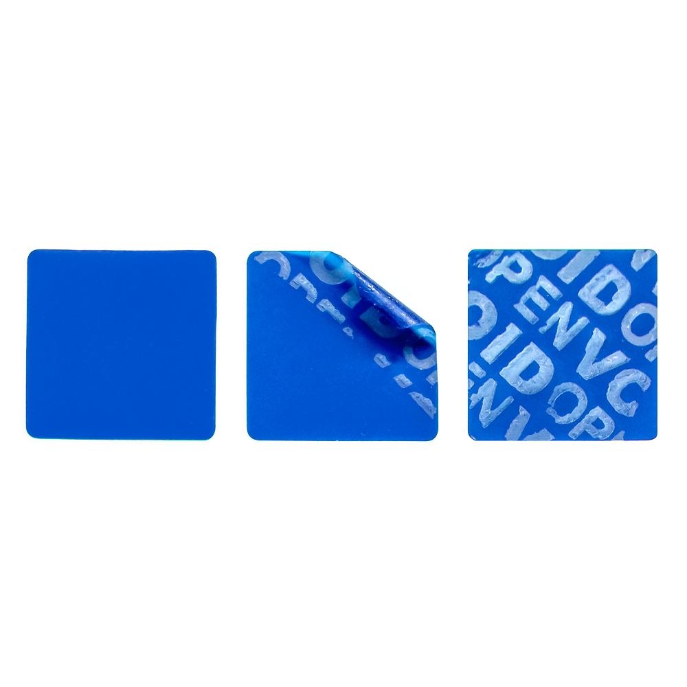 Non-residual blue square VOID sticker with high adhesion