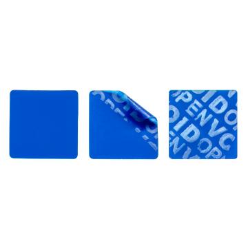 Non-residual blue square VOID sticker with high adhesion