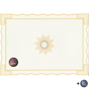 Universal width guilloche paper with embossed numbered hologram and paired hologram