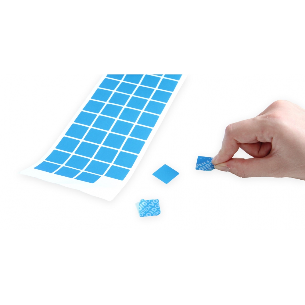 Non-residual blue square VOID sticker with high adhesion