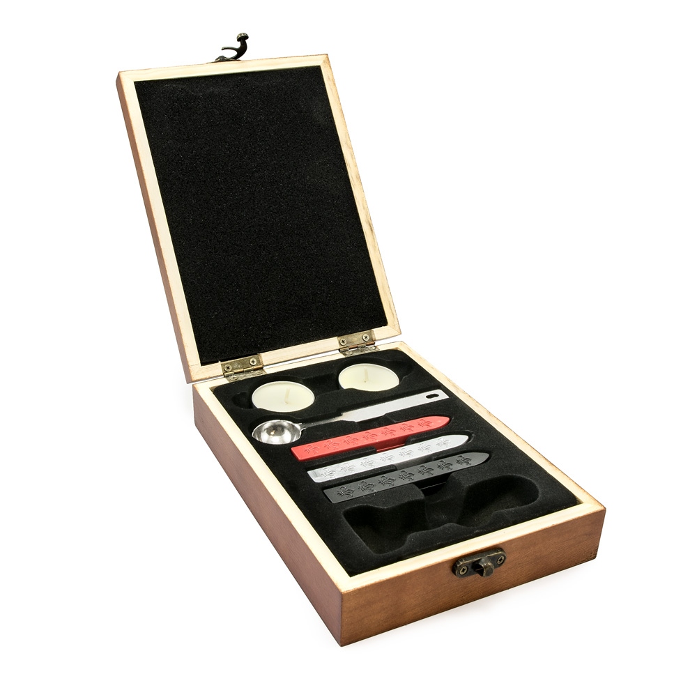 Wooden gift box with waxes for wax stamp