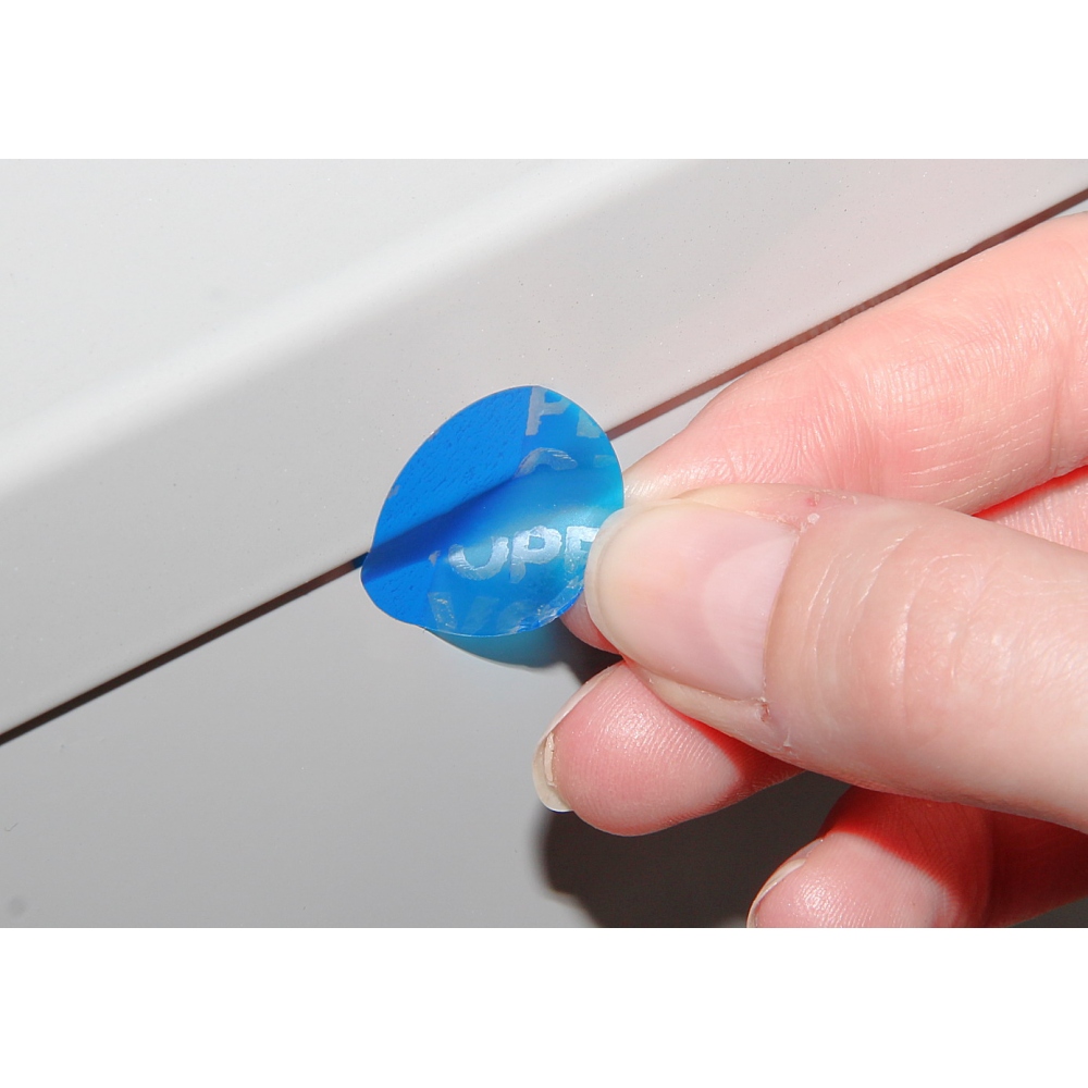 Non-residual blue circular VOID sticker with high adhesion