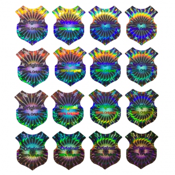 Original silver security sticker, 23 x 20 mm, Shield