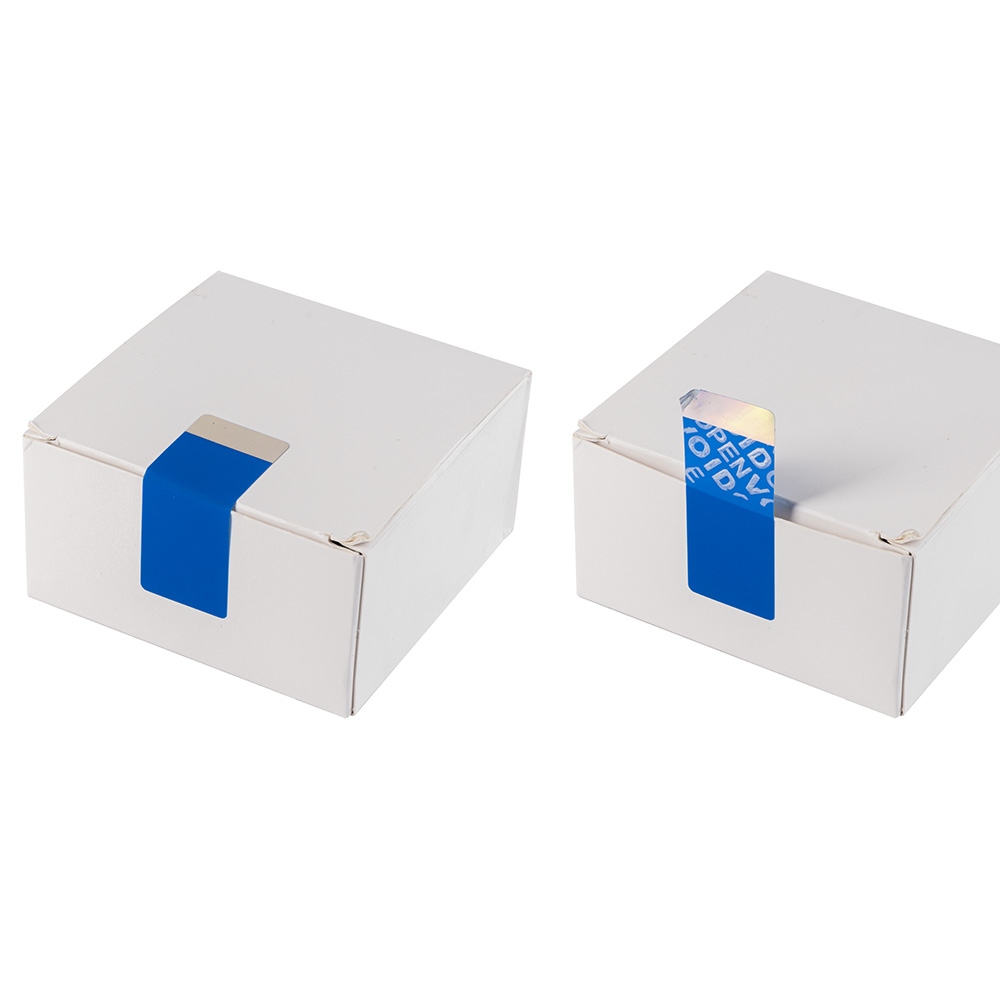 Blue no residue VOID rectangular seal with a clear silver hologram, 50 x 20 mm