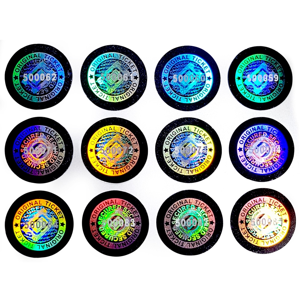 Numbered hologram stickers for ticket, passes and wristbands, round design, 13 mm