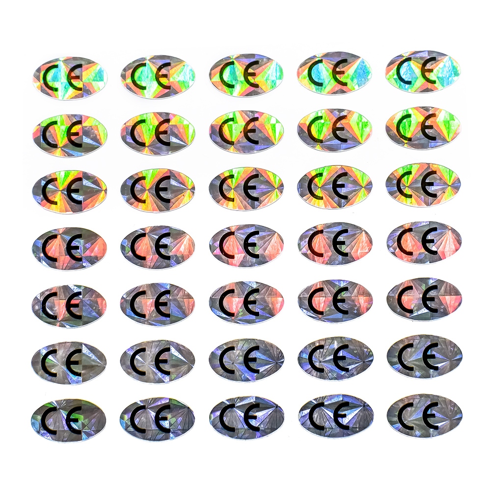 Oval self-adhesive label CE with holographic basis